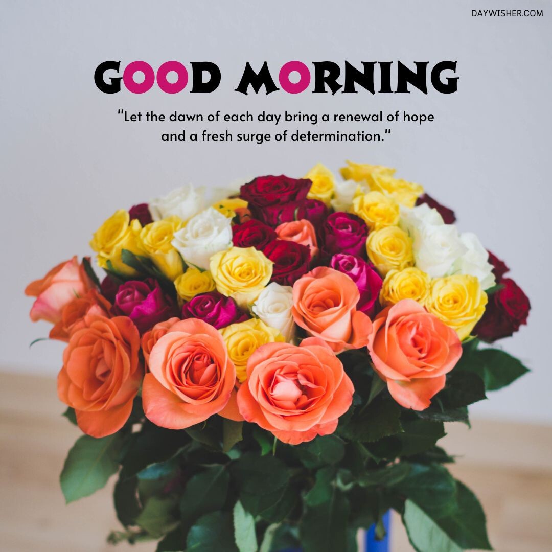 A lush bouquet of multi-colored roses, including shades of yellow, white, pink, orange, and deep red, arranged in a vase against a neutral background. The bouquet, rich in color and variety, symbolizes a vibrant collection of emotions and wishes, making it an ideal representation of hope and determination. This cheerful floral arrangement is complemented by a motivational morning quote, inspiring a fresh start to each day with renewed optimism and energy.