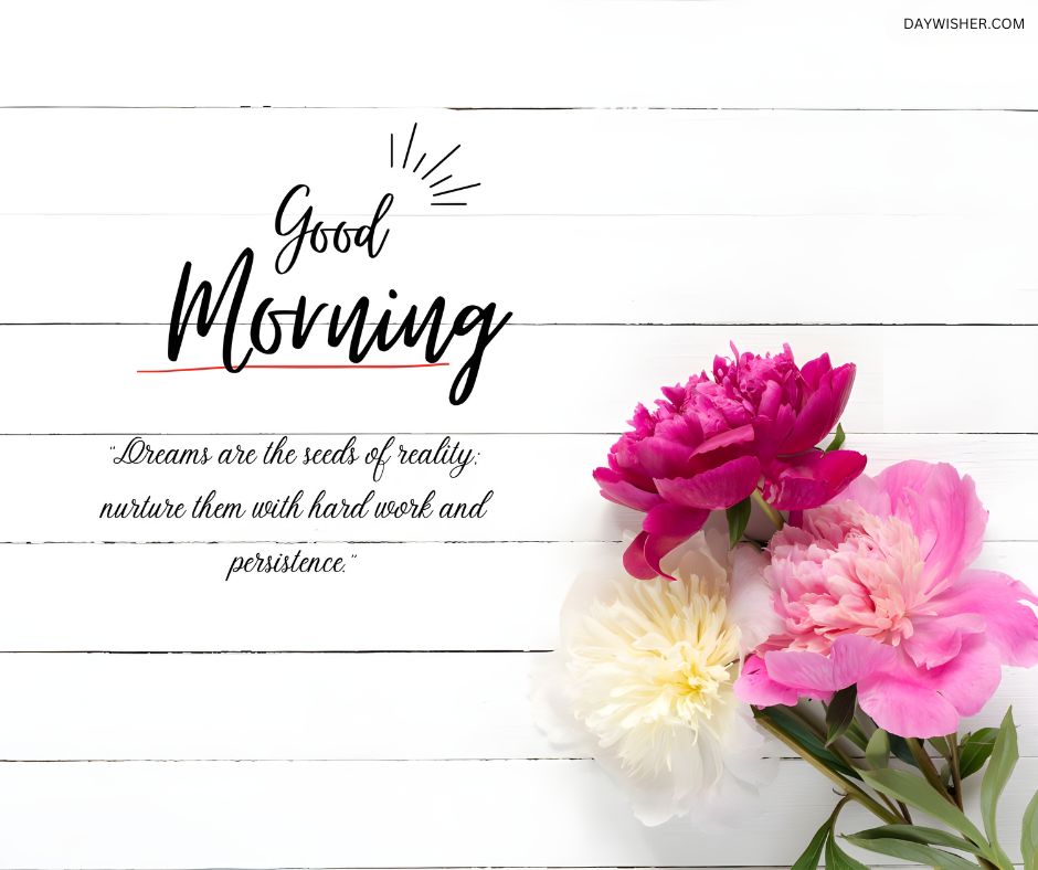 Good morning flowers images showcasing vibrant peonies on a white wooden background with an inspirational quote about dreams and persistence.