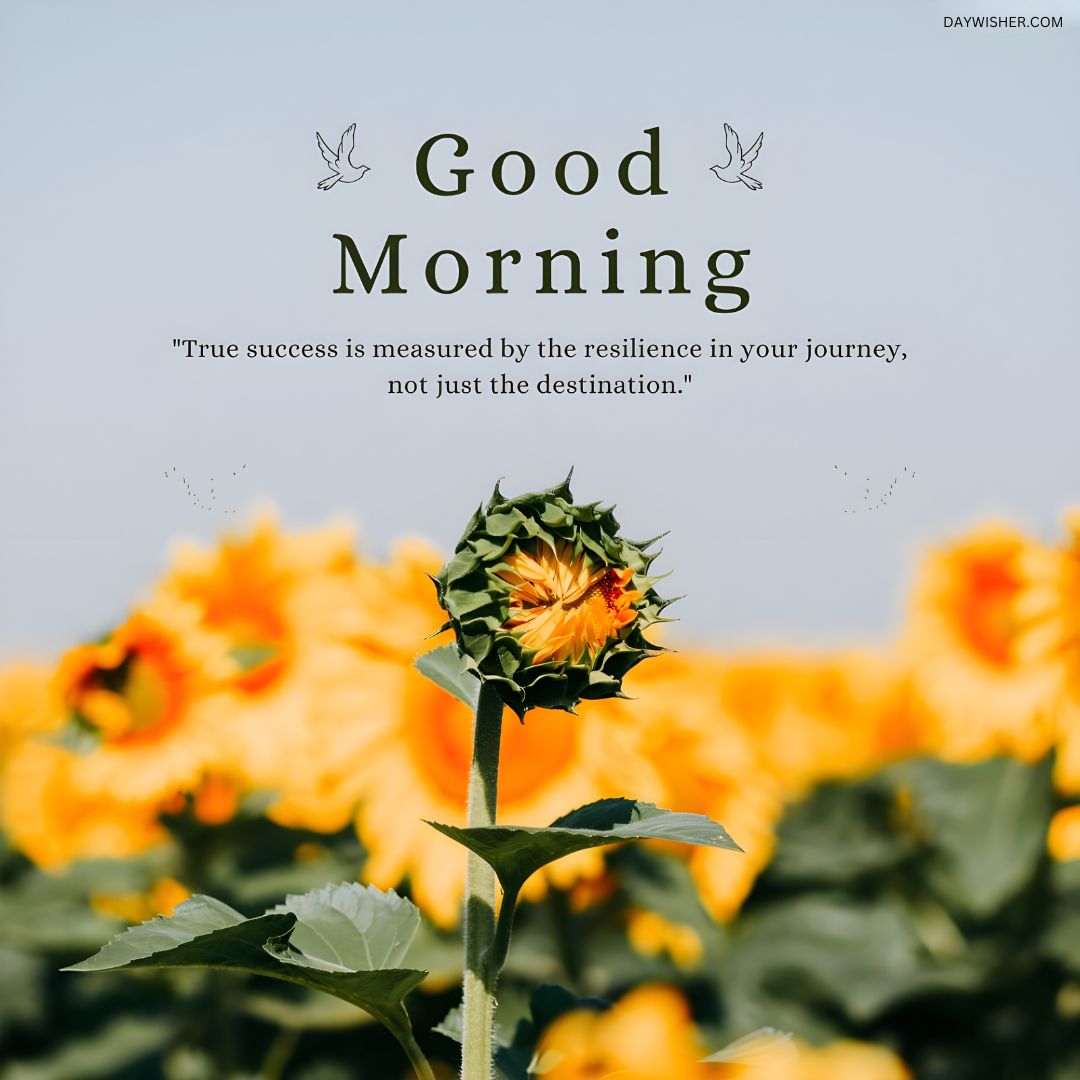 Good morning flowers images featuring a vibrant sunflower standing tall among orange blooms, with a motivational quote on resilience and success.