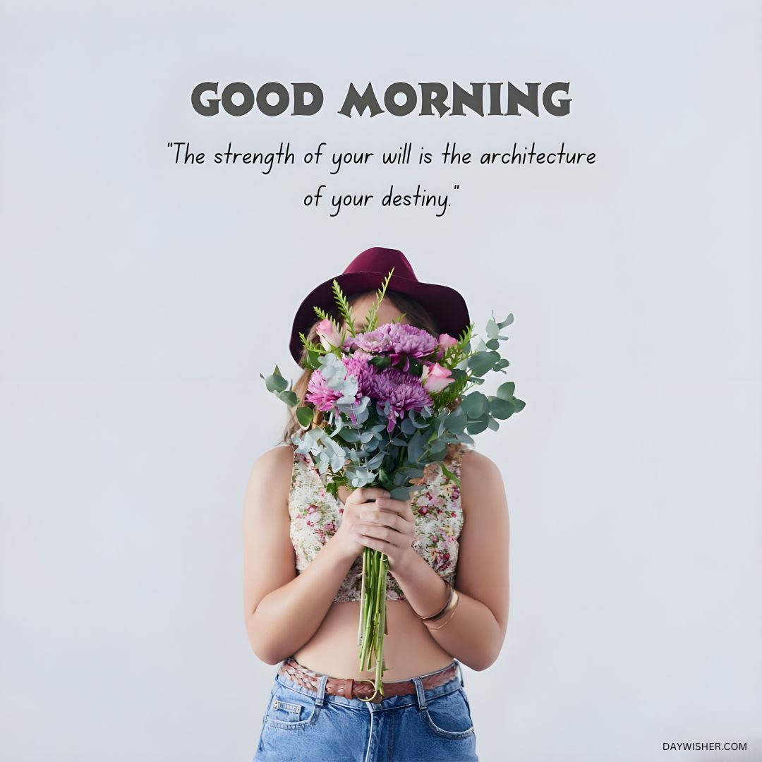 Good morning flowers images featuring a woman obscured by a bouquet of purple and green flowers, with a quote about the strength of will shaping destiny.