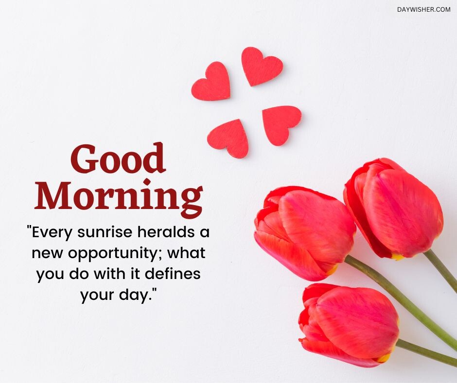 Bright red tulips paired with paper hearts on a white background, featuring an inspiring quote to encourage making the most of each new day.