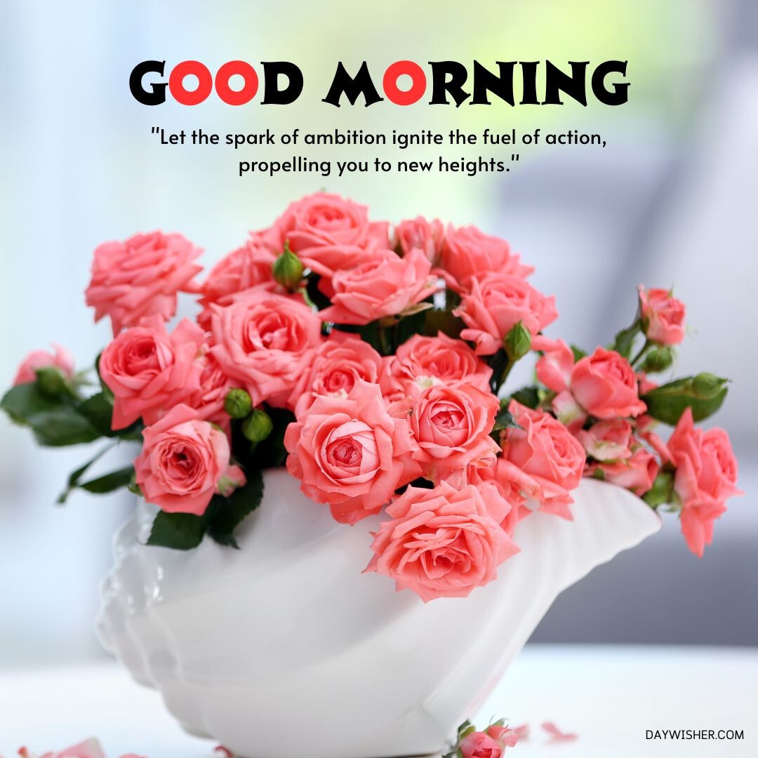 A stunning display of vibrant pink roses arranged in a classic white porcelain vase, set against a blurred light background. The roses are in full bloom, with each petal delicately arranged to create a lush and inviting bouquet. The image is enhanced by an inspiring quote about ambition and action, presented in bold text at the top, wishing a good morning and motivating the viewer to reach new heights.