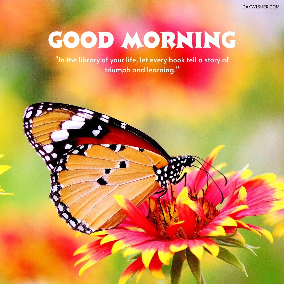 A stunning image of a monarch butterfly perched delicately on a vibrant, multi-colored flower. The butterfly's wings are open, displaying patterns of orange, black, and white, which contrast beautifully against the vivid red and yellow hues of the flower. This scene captures a moment of natural beauty and tranquility, set against a backdrop of blurred garden colors, symbolizing growth and renewal. The accompanying good morning wish adds a reflective and inspirational touch, making this image a perfect greeting to start the day.