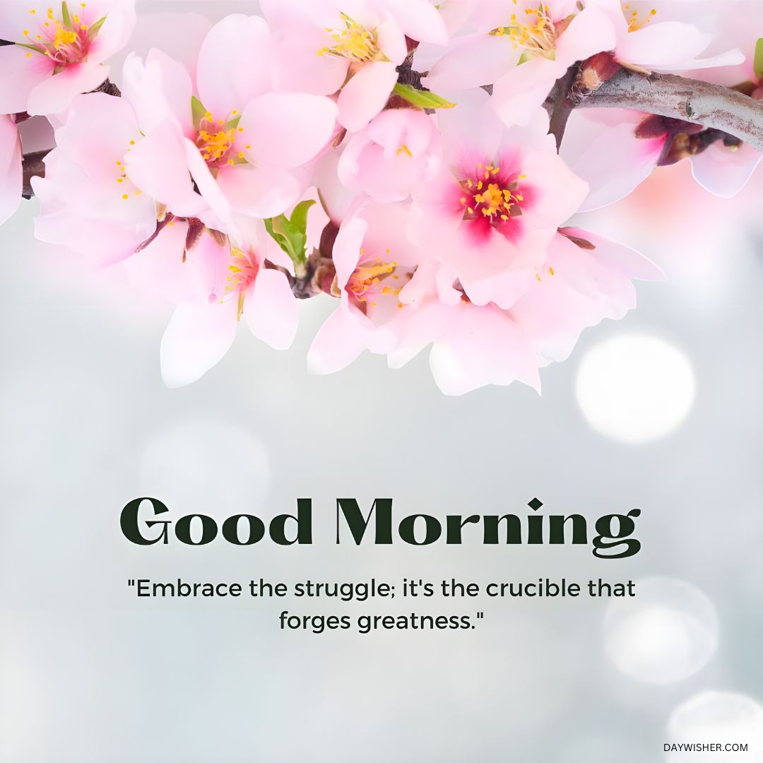 Pink blossoms on a branch with a soft focus background and a motivational good morning quote, perfect for sharing as a good morning flowers image.