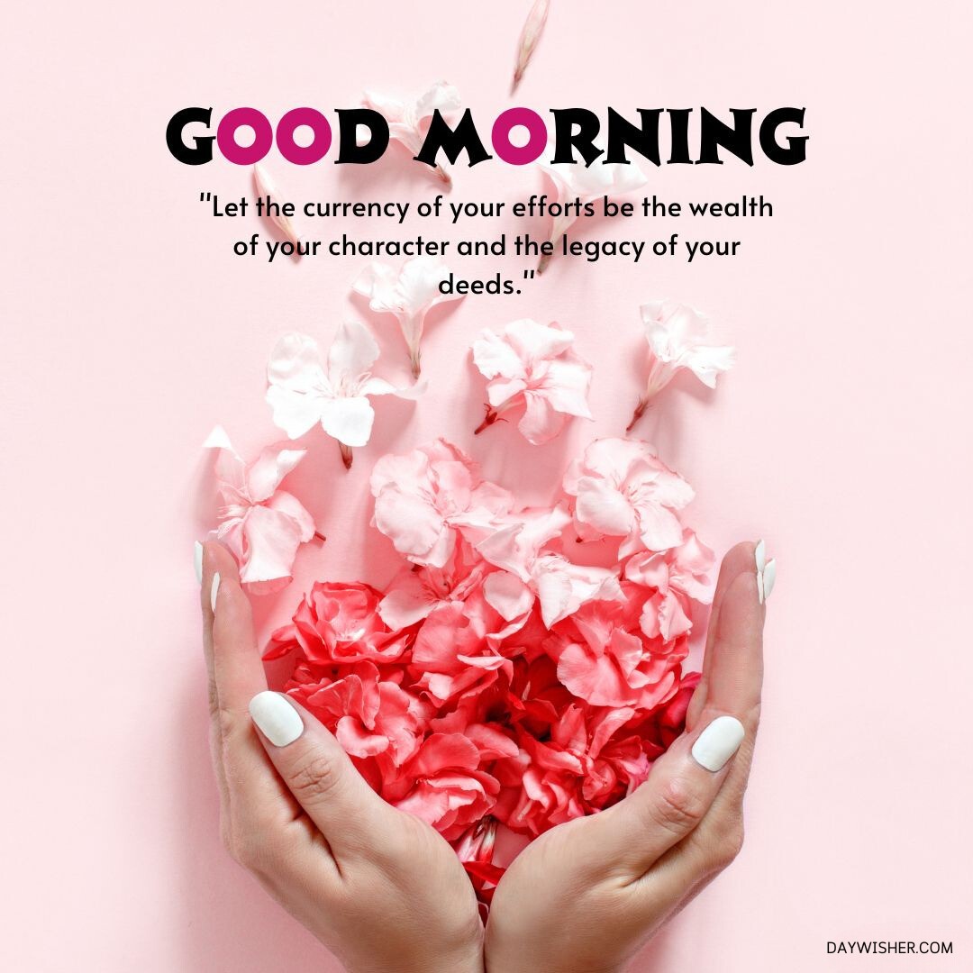 Two hands gently cradling a variety of soft pink and vivid red flower petals against a light pink background, creating a visually pleasing and delicate display. The petals are arranged in a heart shape, symbolizing love and generosity. This thoughtful and artistic arrangement, coupled with an inspirational quote about the value of efforts and character, makes for an uplifting and motivational good morning message, ideal for starting the day with positivity and reflection.