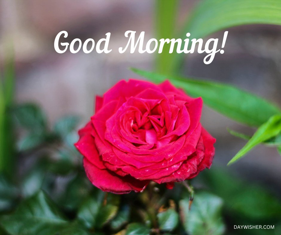 A beautifully vibrant garden rose in full bloom, featured prominently in a natural setting with a crisp "Good Morning!" greeting above. The rose's rich red petals and lush green background capture the essence of a refreshing morning, ideal for a good morning wish that combines the beauty of nature with a touch of inspiration.