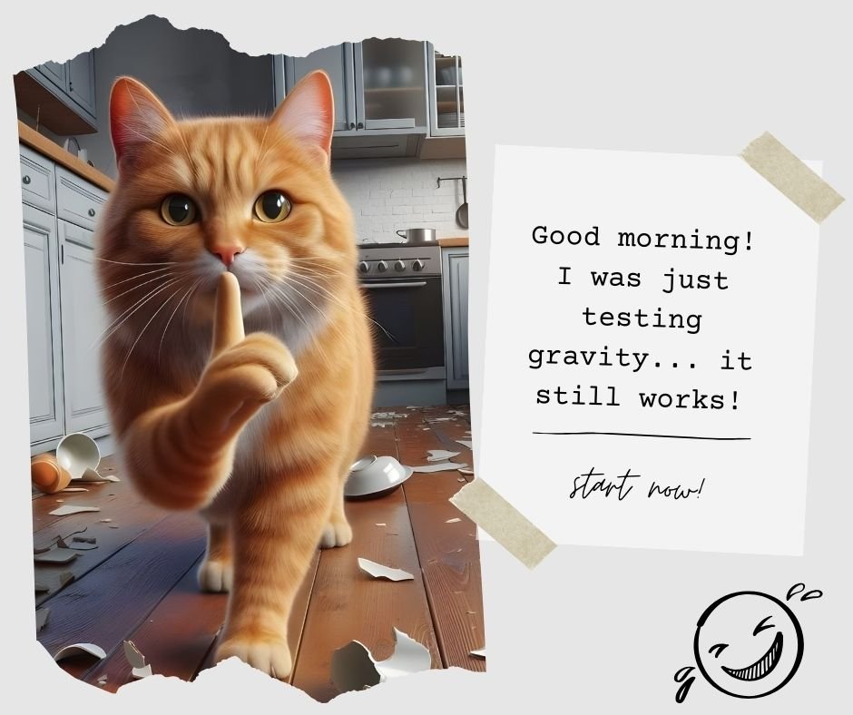 A mischievous ginger cat stands in a kitchen surrounded by broken dishes and eggs scattered on the floor. With a paw raised to its mouth in a "shush" gesture, the cat looks directly at the viewer, suggesting a playful secret.