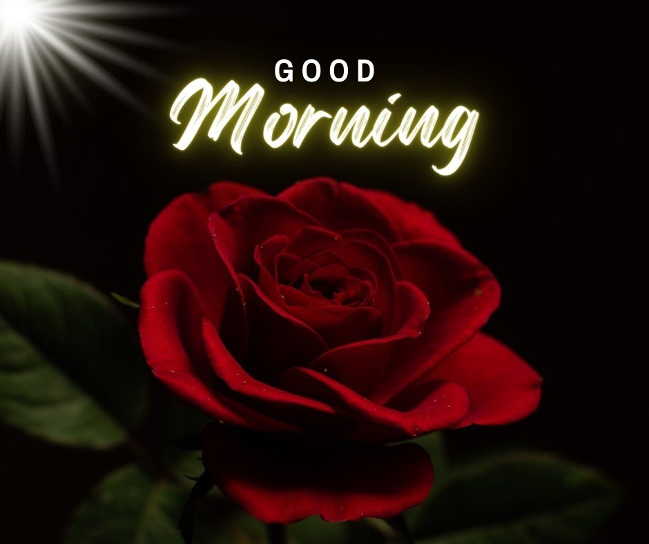 A striking image of a single red rose illuminated by a soft, glowing light against a dark background, with a vibrant "Good Morning" in neon script above. This visually captivating scene conveys a sense of mystery and elegance, perfect for a dramatic and inspiring morning greeting.