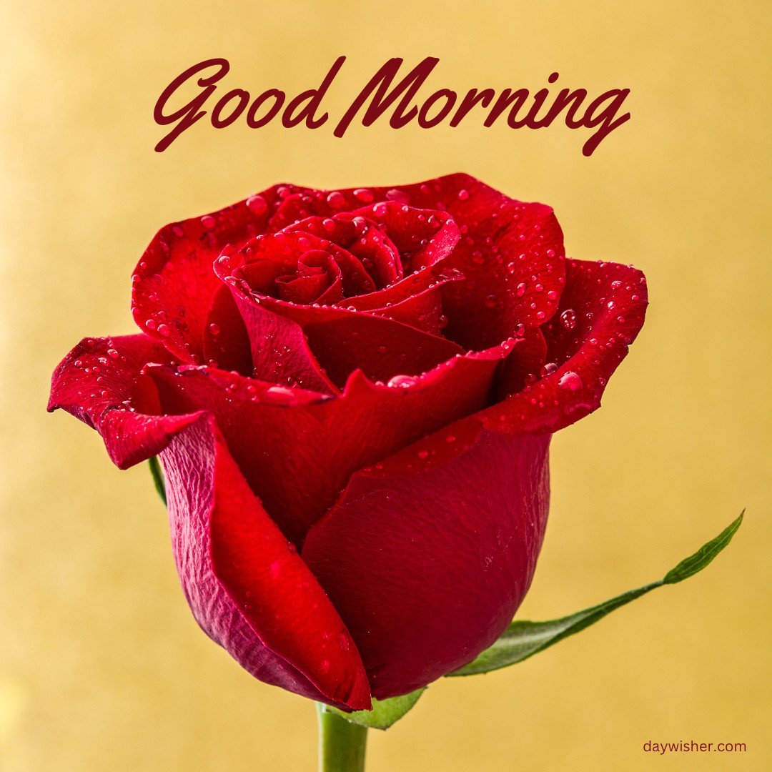 A stunning single red rose, bejeweled with morning dew, stands out against a warm golden background. The elegant "Good Morning" in deep red script enhances the vibrant and fresh appeal of the rose, making this image perfect for a bright and hopeful start to the day