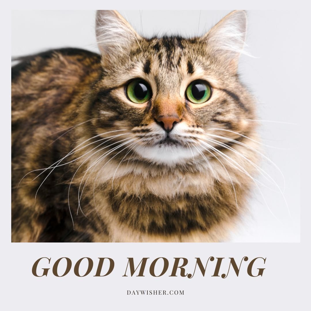 A captivating "Good Morning" close-up portrait of a fluffy tabby cat with striking green eyes and intricate fur patterns. The cat's intense yet curious gaze against a simple white background offers a serene start to the day. This image highlights the delicate whiskers and vibrant color contrast, enhancing the cat's expressive face for a beautiful morning greeting.