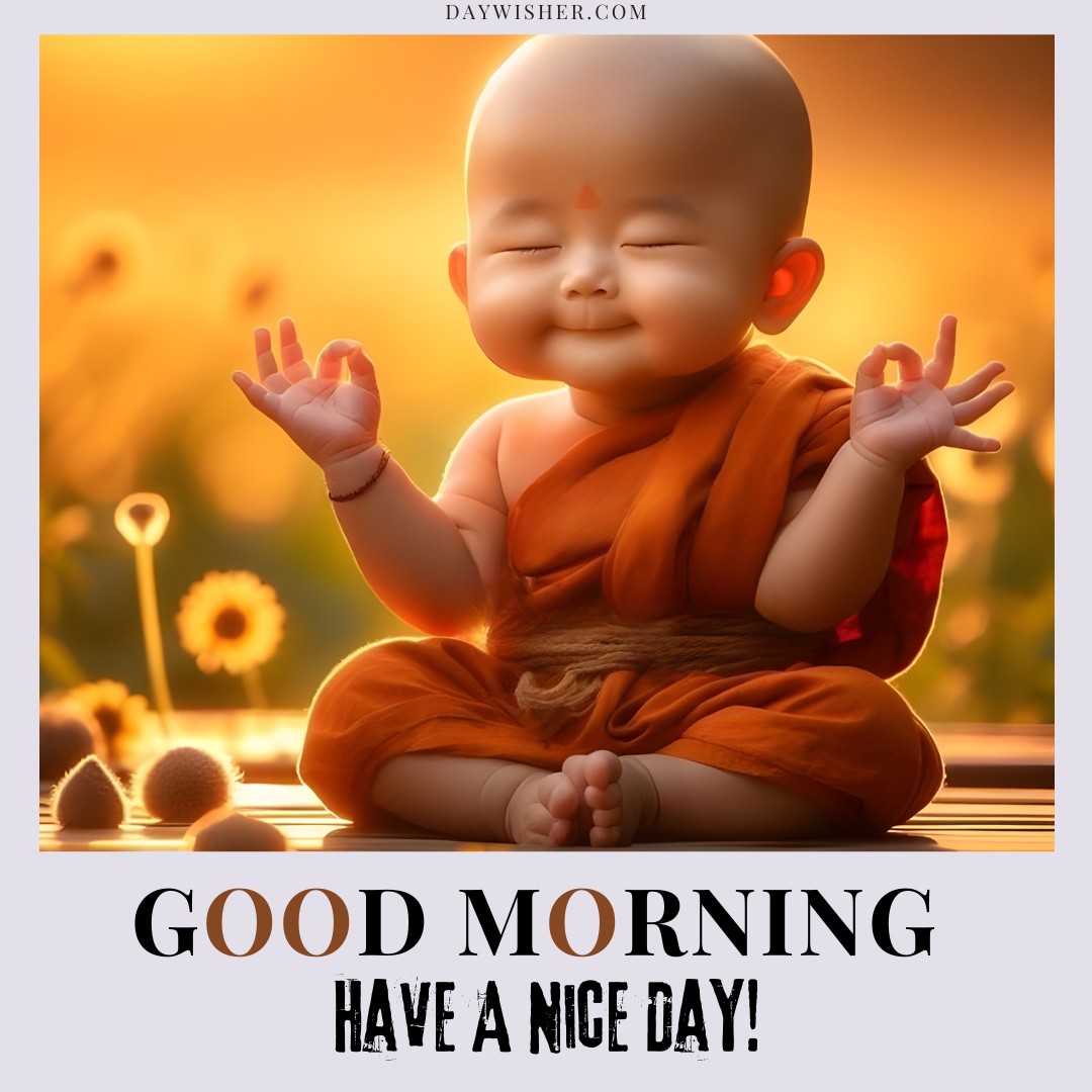 A serene baby monk in an orange robe sits in a meditative pose with a peaceful smile, surrounded by a glowing sunrise and soft flowers. The image features the text "Good Morning" and "Have a Nice Day!" in elegant fonts, creating a tranquil and uplifting scene perfect for wishing someone a harmonious start to their day.