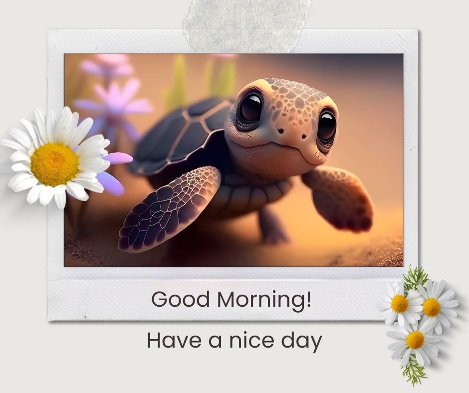 Charming digital illustration of a baby sea turtle moving towards the camera with large, appealing eyes, set against a softly blurred background of purple flowers. The image is beautifully framed with white borders and decorated with daisies, paired with a 'Good Morning! Have a nice day' message, creating a serene and inviting atmosphere.