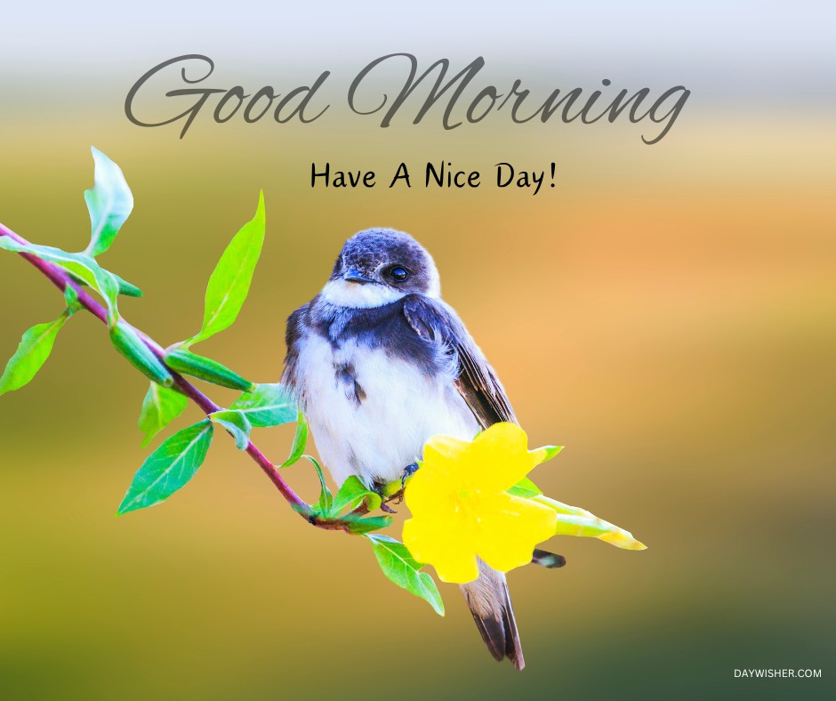 A charming bird perched on a branch with vibrant green leaves and a bright yellow flower. The background features a soft, blurred gradient of warm colors. The text "Good Morning" and "Have A Nice Day!" is elegantly written, making this image perfect for conveying a cheerful and pleasant morning greeting.