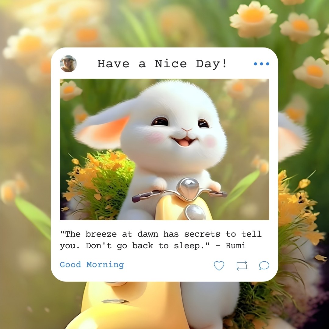 Charming 3D illustration of a white bunny with sparkling eyes, clutching a heart locket, set against a blurred backdrop of blooming yellow flowers. The image captures a whimsical morning vibe, complemented by the Rumi quote, 'The breeze at dawn has secrets to tell you. Don't go back to sleep.' along with a 'Good Morning' greeting.