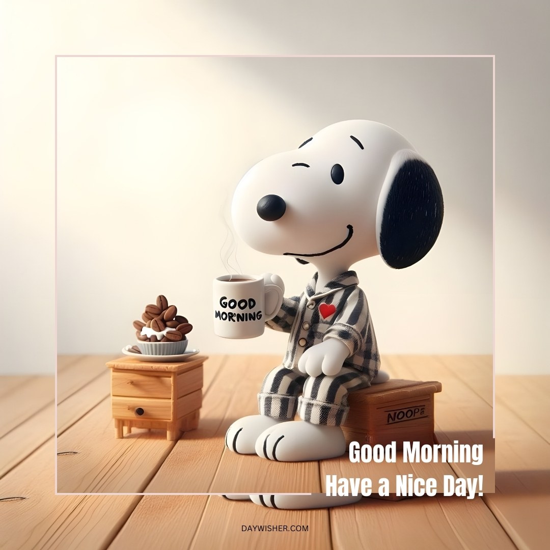 Delightful 3D illustration of a popular cartoon dog dressed in a checkered jacket, smiling while holding a mug labeled 'Good Morning'. Next to it, a small wooden stool with a plate of pine cone-shaped treats adds charm to the scene, all set against a soft, warmly lit backdrop.