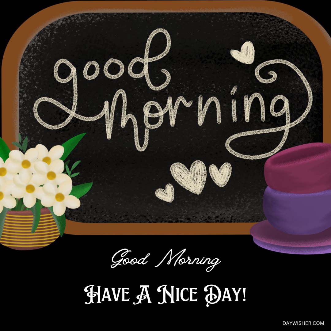 Charming digital blackboard illustration featuring 'Good Morning' written in elegant white chalk script, surrounded by heart doodles. The scene is further adorned with a vibrant floral arrangement and a stylish purple hat, creating a sophisticated yet warm greeting with a 'Have A Nice Day!' message at the bottom.