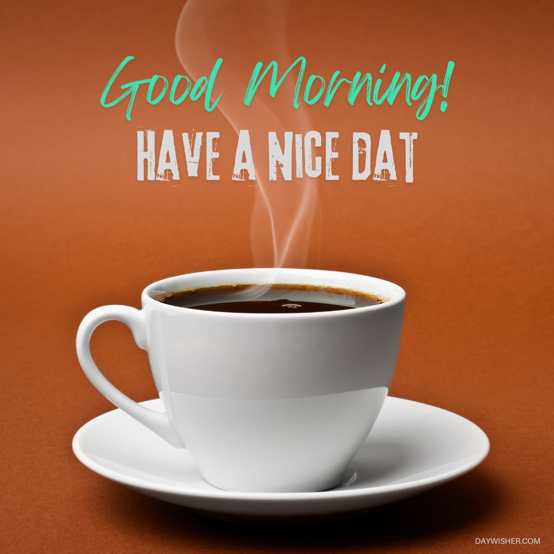 Steaming cup of black coffee on a saucer, set against a rich orange background with the text 'Good Morning! Have a Nice Day' in worn teal lettering.