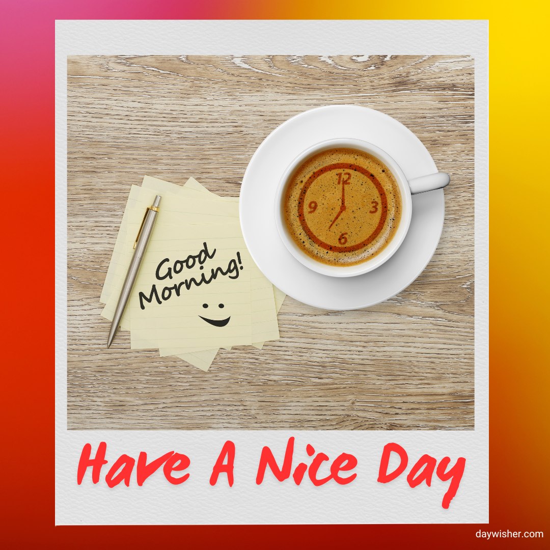 Inviting image of a cup of coffee with the time '9:00' artistically displayed in the foam, placed beside a sticky note with a handwritten 'Good Morning!' and a smiley face. This setup is on a wooden table with a vibrant orange and yellow background, complementing the 'Have A Nice Day' message.