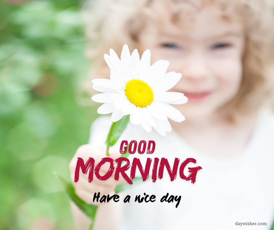 Young child holding a vibrant daisy towards the camera, with a blurred background emphasizing the flower, complemented by 'Good Morning' and 'Have a nice day' text in bold red script