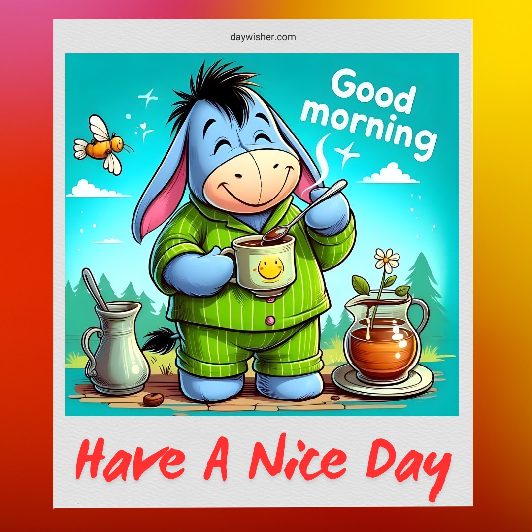 Cartoon of a cheerful donkey in green pajamas stirring a cup of honey with a "Good Morning, Have a Nice Day!" greeting. A bee, a honey pot, and plants are nearby, set against a sunny sky backdrop.