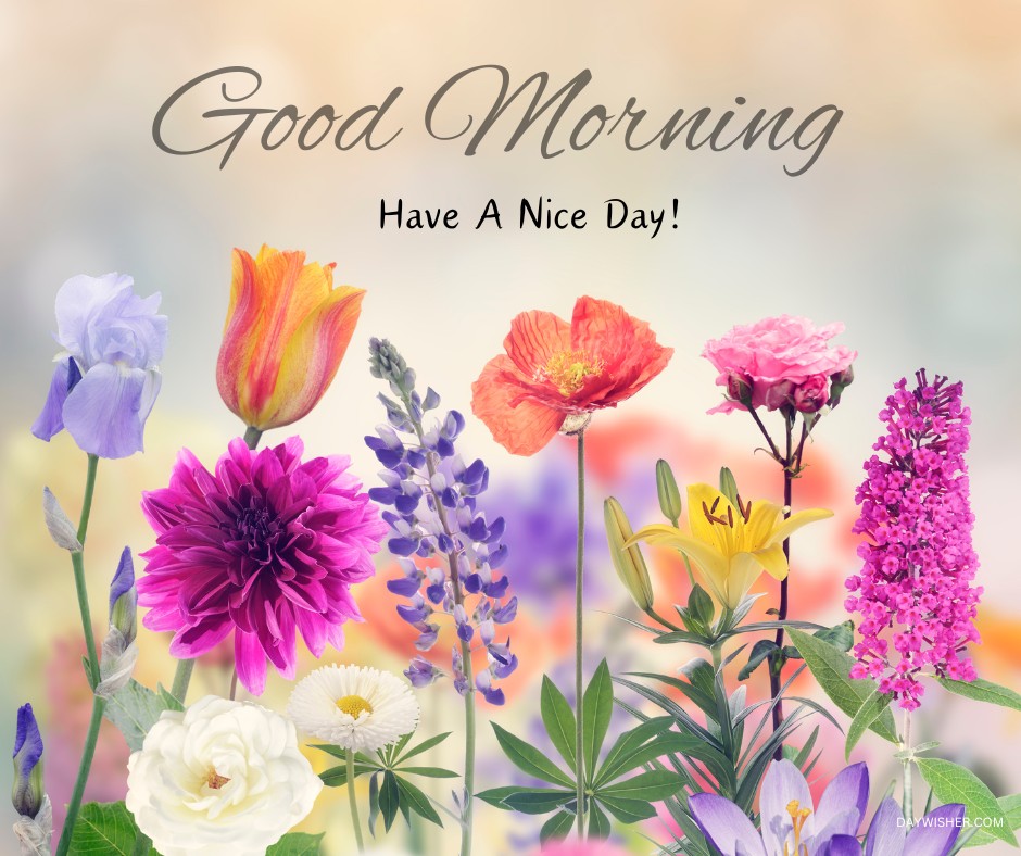 Vibrant collage of various flowers including tulips, dahlias, lilies, irises, and more, set against a soft, blurred background with a gentle sunrise gradient. The elegantly scripted message 'Good Morning, Have A Nice Day!' complements the floral display, creating a fresh and inspiring morning greeting.