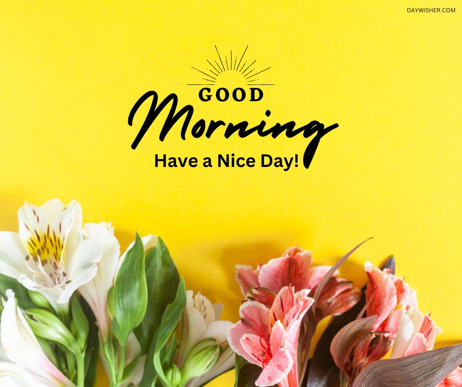 Vibrant display of assorted flowers including lilies and alstroemeria against a bright yellow background, complemented by a cheerful 'Good Morning, Have a Nice Day!' greeting.