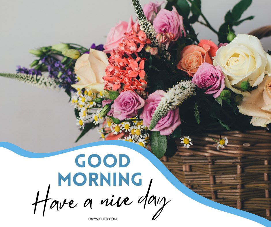 A beautiful bouquet of assorted flowers in vibrant colors including pink, white, and orange roses, along with daisies, set in a wicker basket. The text 'Good Morning Have a Nice Day' is elegantly displayed in blue and black fonts at the bottom, adding a cheerful greeting to the image.