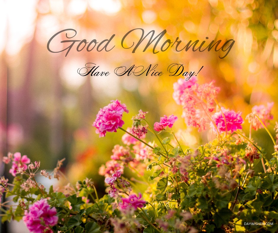 Lush garden scene filled with vibrant pink flowers bathed in soft morning sunlight, creating a warm and inviting atmosphere. The elegant script 'Good Morning, Have A Nice Day!' overlays the image, perfectly complementing the cheerful and colorful backdrop.