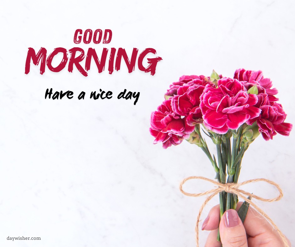 Bright and cheerful hand-held bouquet of pink carnations with a 'Good Morning, Have a Nice Day' greeting on a white marble background—ideal for a positive morning message