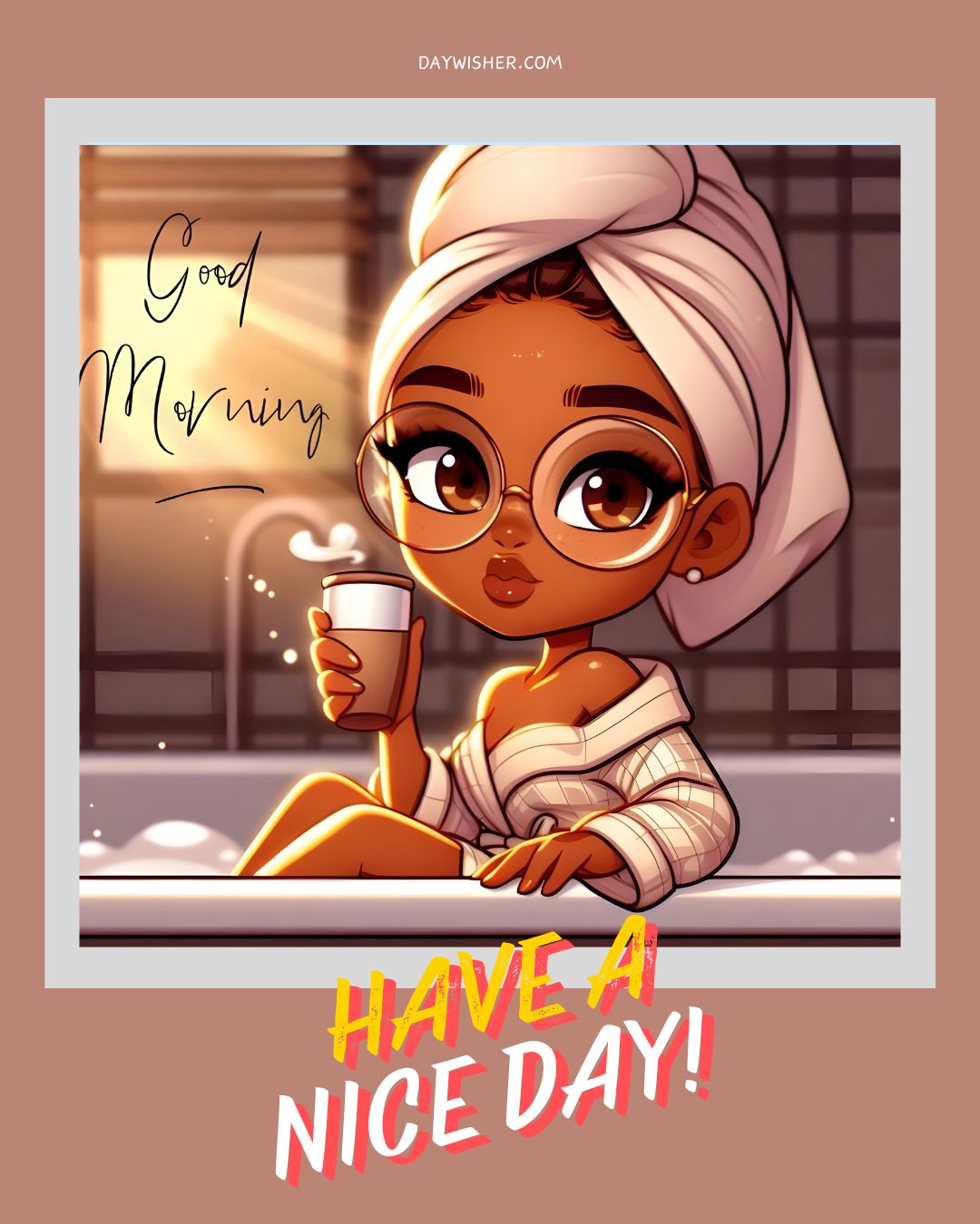 A stylish cartoon girl with a towel wrapped around her head and wearing glasses enjoys a morning coffee while relaxing in a cozy setting. The image features the text "Good Morning" and "Have a Nice Day!" in elegant fonts, set against a warm, inviting background. This charming scene is perfect for conveying cheerful morning wishes and positive vibes.