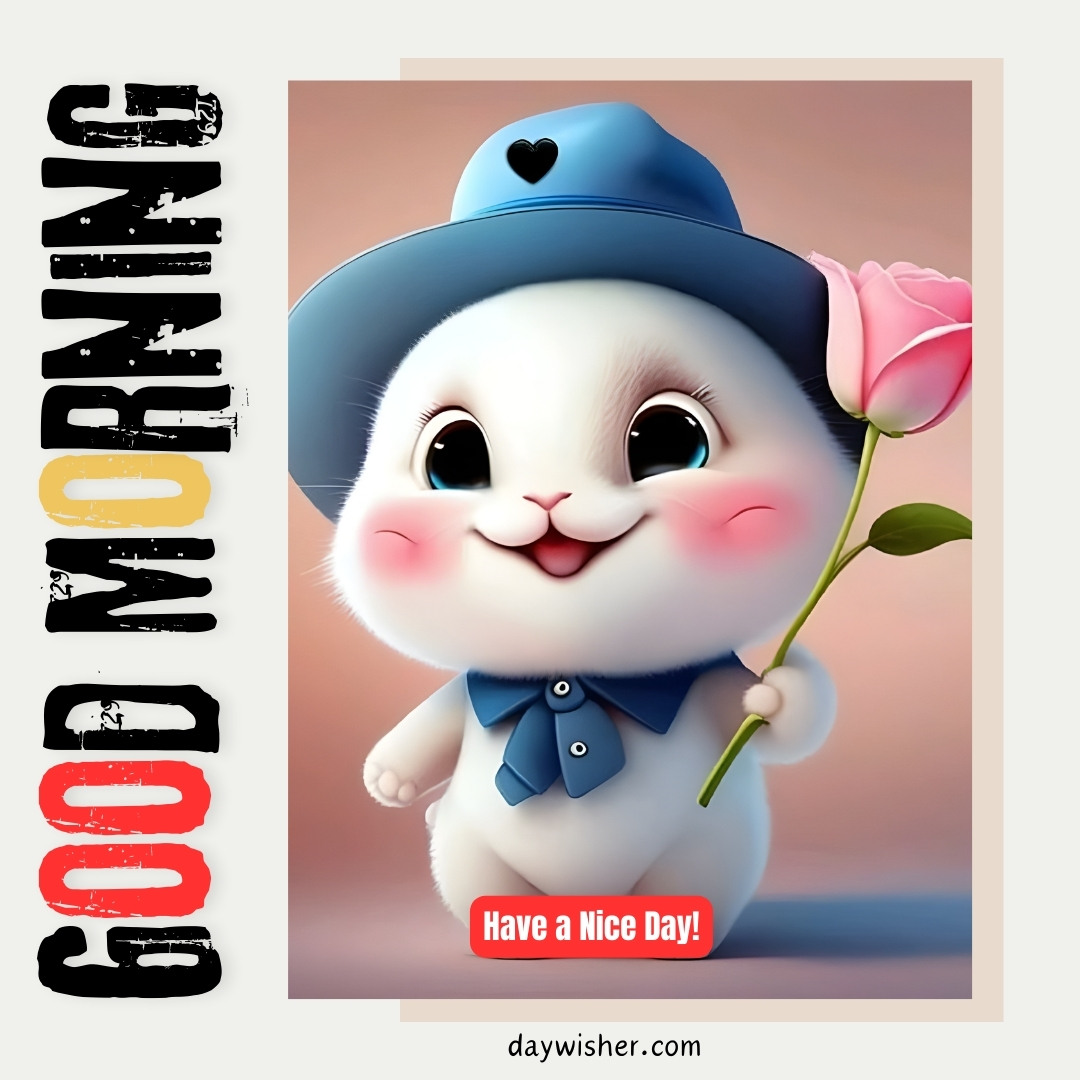 A cute kitten wearing a blue hat and bow tie, holding a pink rose, smiles warmly. The image includes the text "Good Morning" and "Have a Nice Day!" in a playful font. The background is a soft pastel gradient, creating a cheerful and heartwarming scene perfect for wishing someone a delightful day.