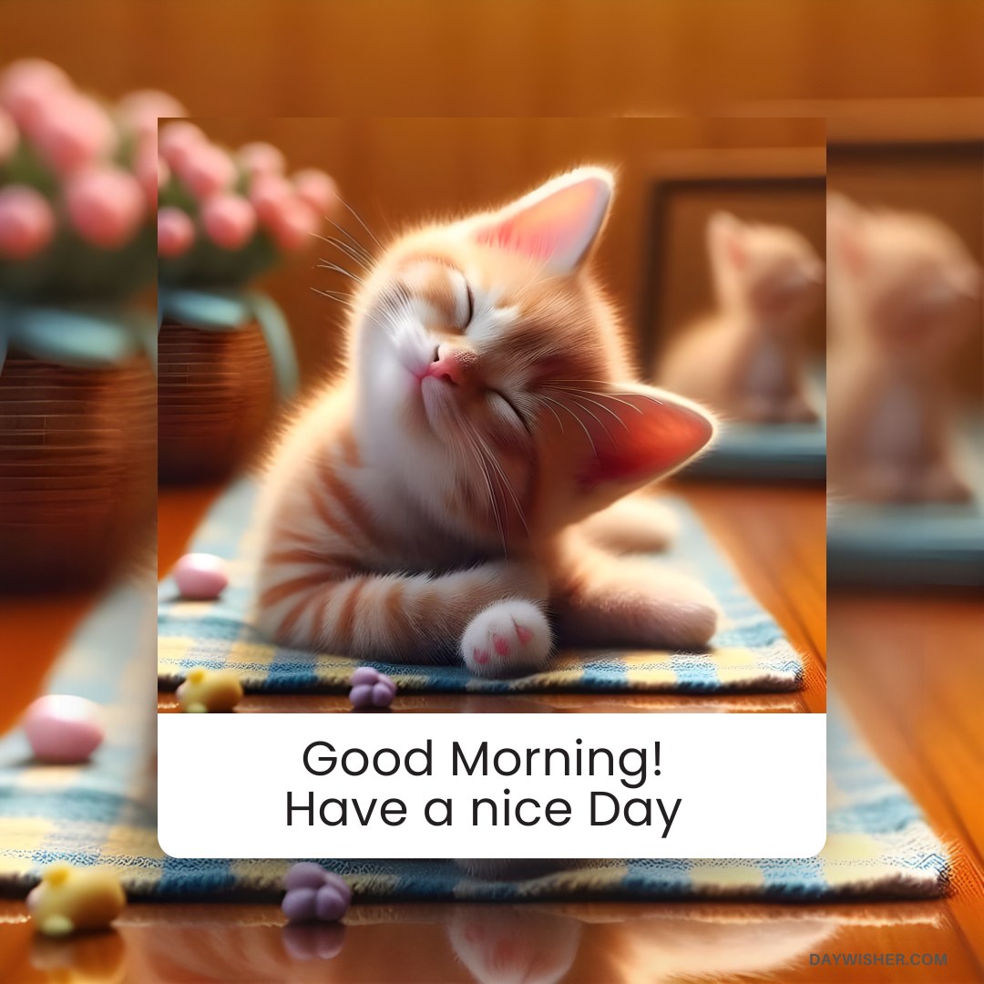 Adorable orange tabby kitten smiling with closed eyes, resting on a woven mat with a blurred background featuring a potted plant and the kitten’s reflection in a mirror. The image includes the text 'Good Morning! Have a nice Day' enhancing a warm, cheerful greeting.