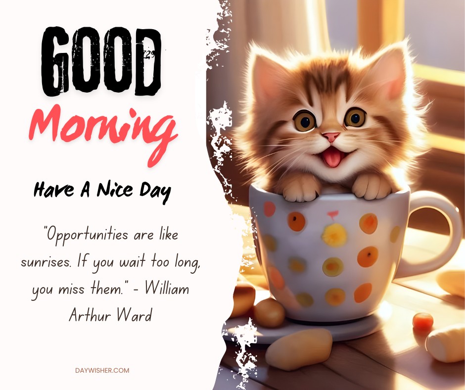 Charming image of a fluffy kitten peeking out of a large coffee cup adorned with colorful circles. The kitten's eyes sparkle with delight in the warm morning light. Above, the bold text 'GOOD MORNING' and 'Have A Nice Day' frame the quote, 'Opportunities are like sunrises. If you wait too long, you miss them.' - William Arthur Ward.