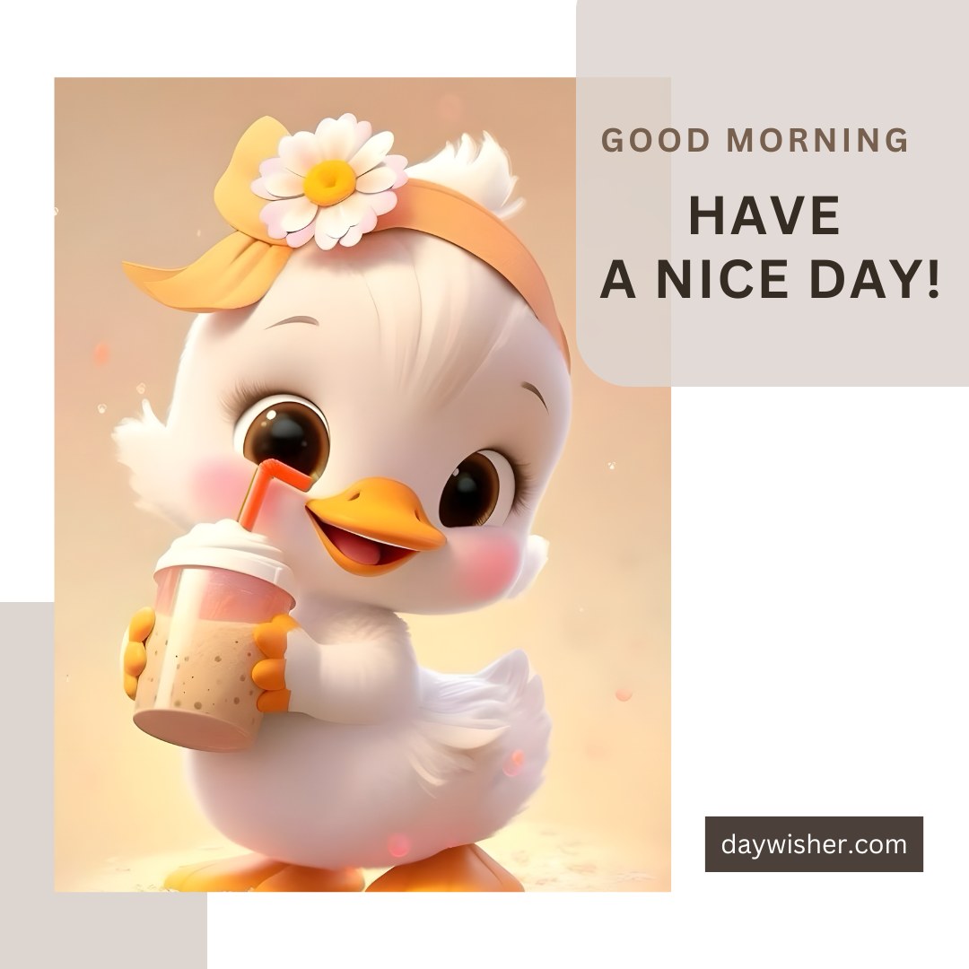 Delightful image of a cartoon chick with a radiant smile, wearing a yellow headband and flower, sipping a smoothie from a straw. The background's soft hues add a warm, morning glow to the scene, accompanied by a cheerful 'Good Morning, Have a Nice Day!' message.