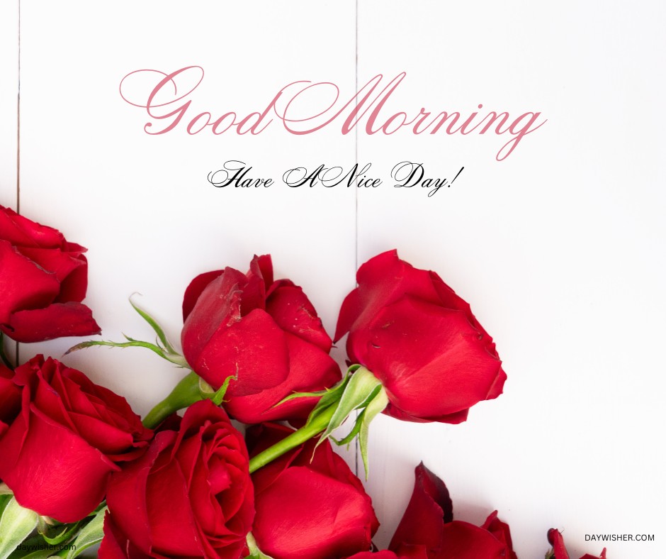 Elegant array of vibrant red roses on a crisp white background, accompanied by a graceful 'Good Morning, Have A Nice Day!' message—ideal for a loving and bright morning wish.