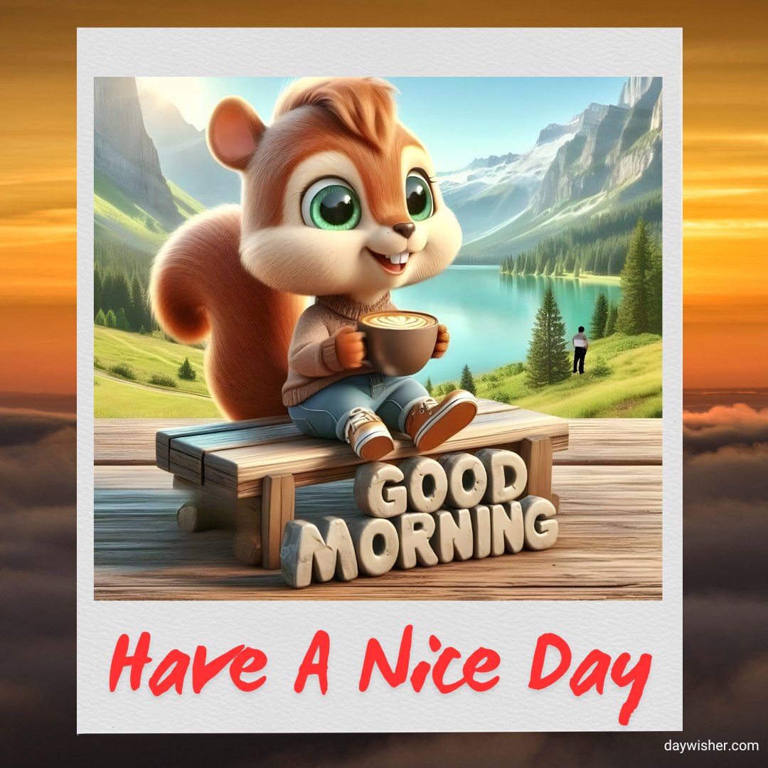 A cheerful cartoon squirrel, dressed in a cozy sweater and jeans, sits on a wooden bench holding a cup of latte coffee. The background features a serene lake and mountain landscape at sunrise. The image includes the text "Good Morning" and "Have A Nice Day" in playful fonts, creating a delightful and uplifting scene to wish someone a pleasant morning.