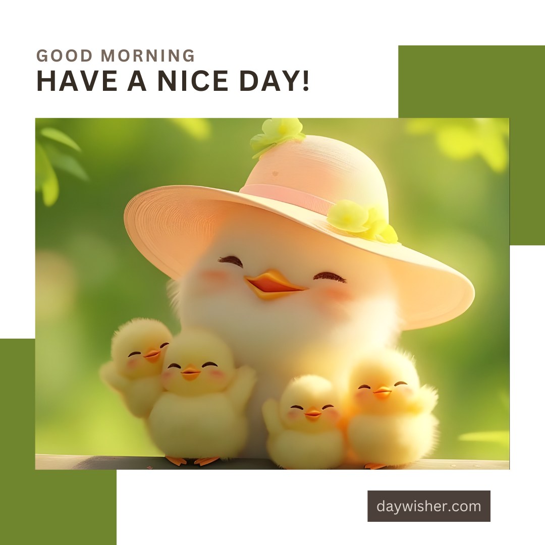 Joyful illustration of a fluffy chick wearing a stylish light pink hat decorated with flowers, surrounded by three smaller chicks against a lush green background. The soft morning light enhances the scene, conveying a cheerful 'Good Morning, Have a Nice Day!' message.