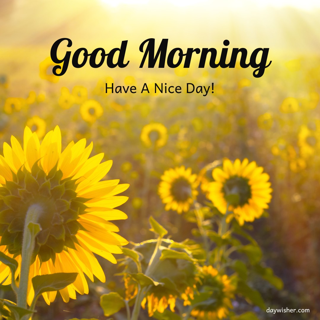 Luminous sunrise over a vast field of sunflowers, capturing the flowers in full bloom under the golden morning light. The text 'Good Morning, Have A Nice Day!' is prominently displayed, evoking a sense of warmth and optimism ideal for a cheerful morning greeting.