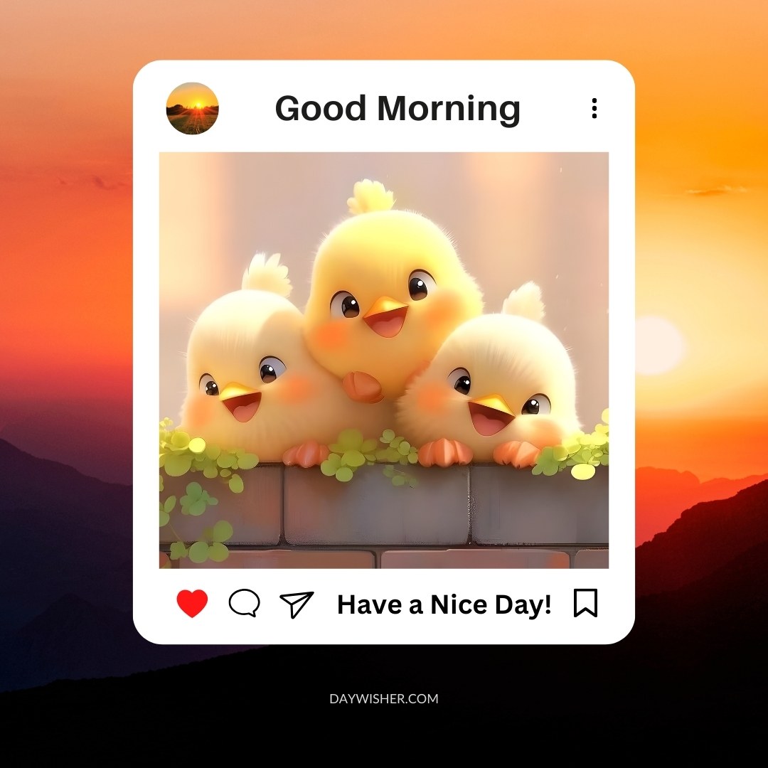 Three cheerful cartoon chicks perched on a fence at sunrise, with the largest chick in the center flanked by two smaller ones, all smiling. The image captures a warm, glowing orange backdrop symbolizing a fresh morning, enhanced by the social media-style caption 'Good Morning, Have a Nice Day!