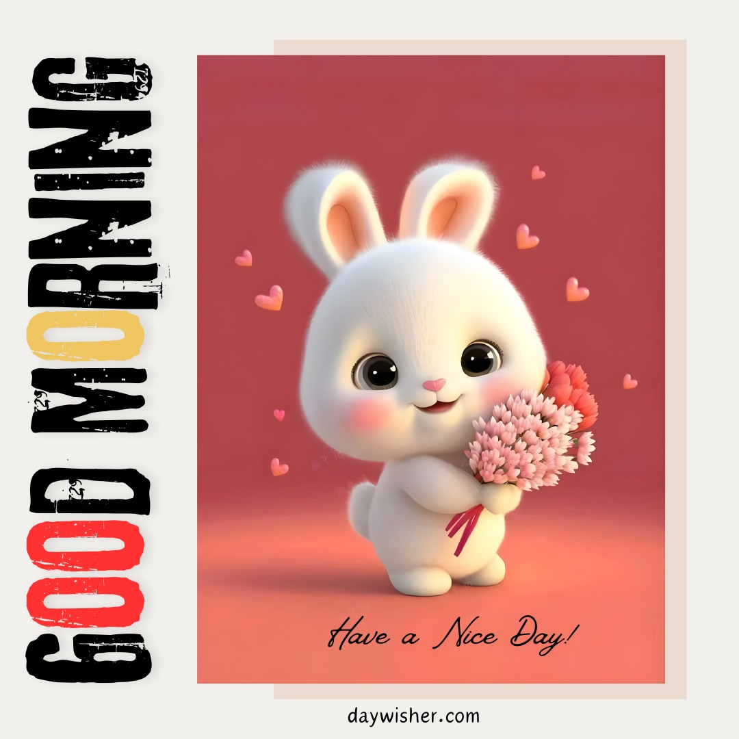 Adorable 3D illustration of a cute white bunny holding a bouquet of pink flowers, surrounded by floating hearts on a soft red background. The image is beautifully framed with the bold text 'GOOD MORNING' and 'Have a Nice Day!' enhancing the cheerful and loving message.