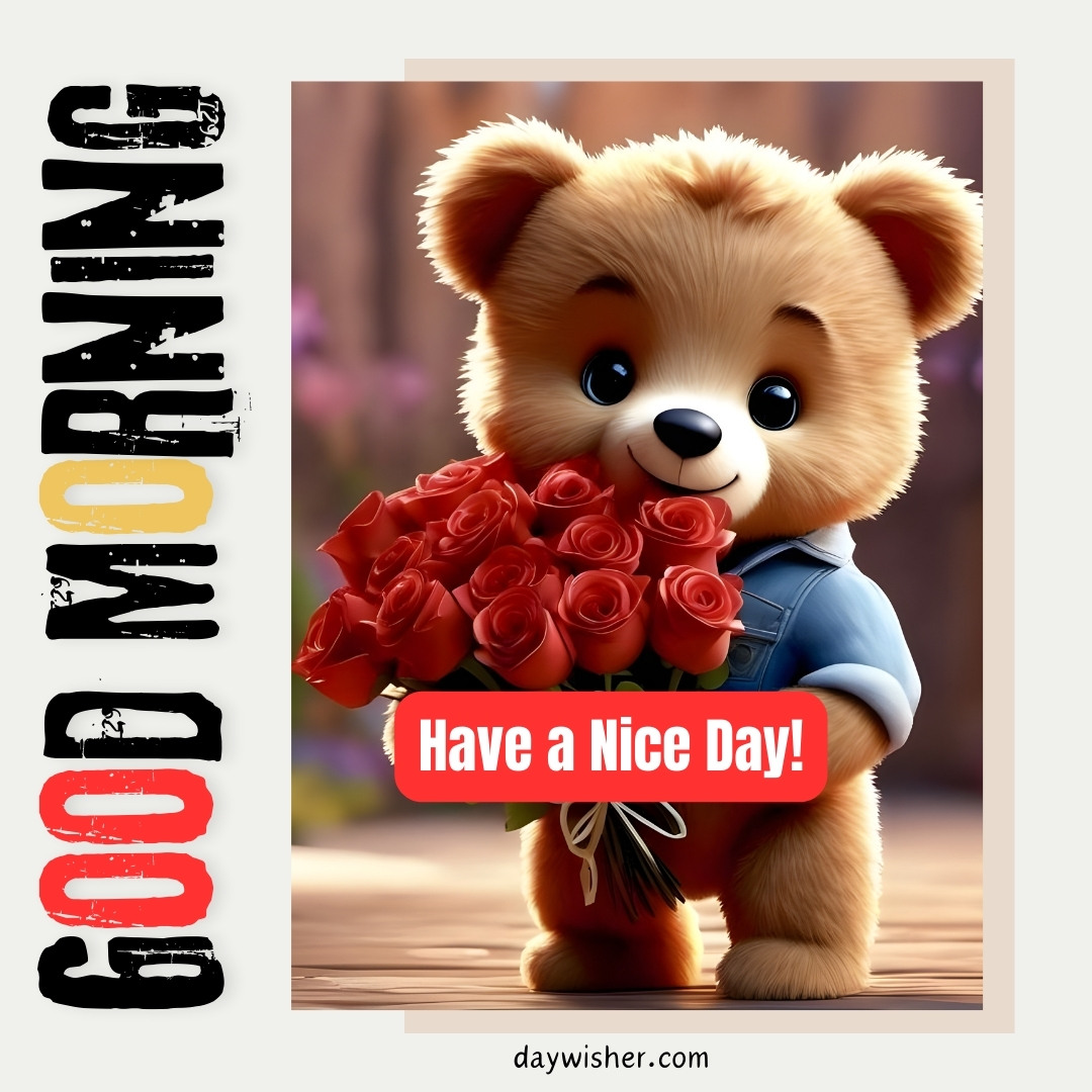 Charming 3D illustration of a fluffy teddy bear holding a large bouquet of red roses, dressed in a blue shirt, offering a gesture of affection. The backdrop features warm, natural lighting and the image is framed with the message 'Good Morning, Have a Nice Day!' in bold, inviting text.