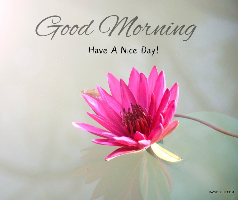 A vibrant pink lotus flower floating on calm water with the text "Good Morning Have A Nice Day!" in elegant script overlaying a soft, muted background.