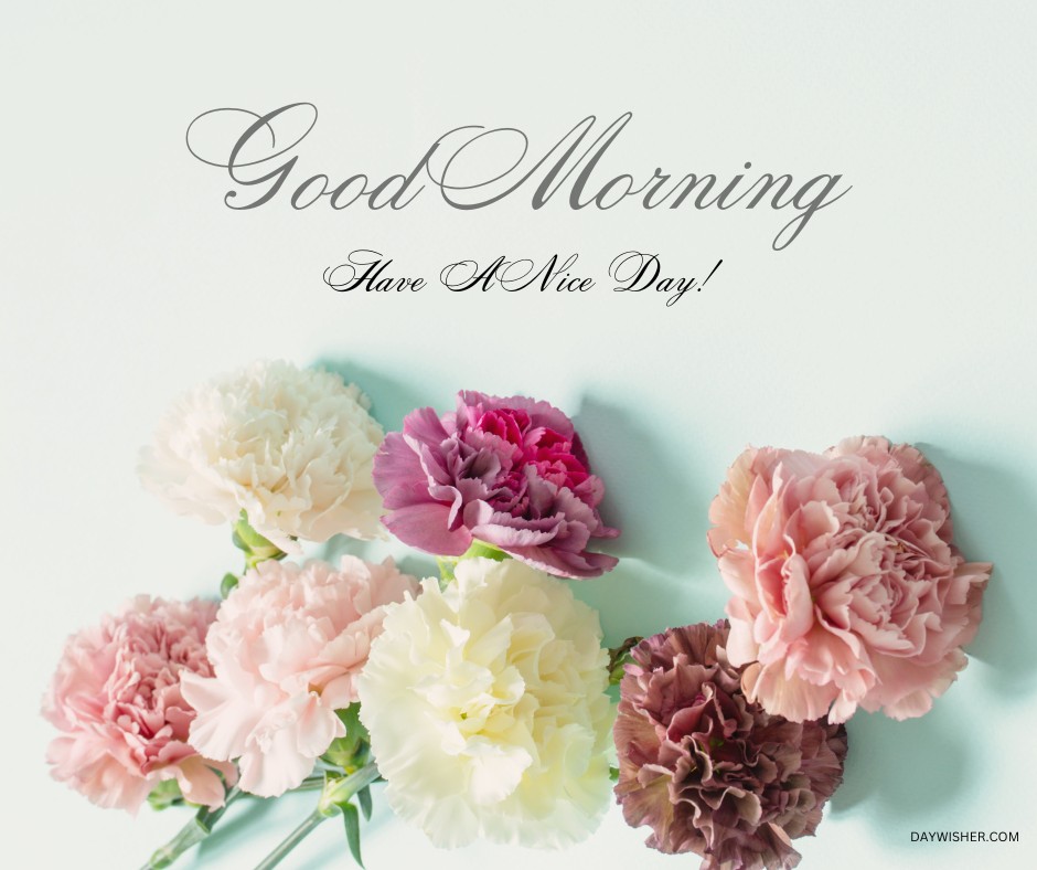 A pastel-themed image featuring a collection of soft pink, white, yellow, and purple carnation flowers set against a light mint background, with the text "Good Morning, Have A Nice Day!" in elegant script.