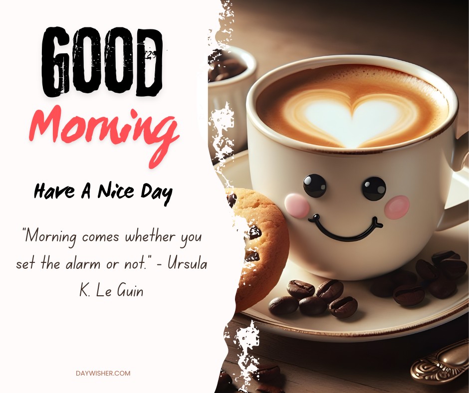 A cheerful coffee cup with a heart-shaped foam and a kawaii face next to a cookie with text "Good Morning, Have A Nice Day Images" and a quote by Ursula K. Le Guin.