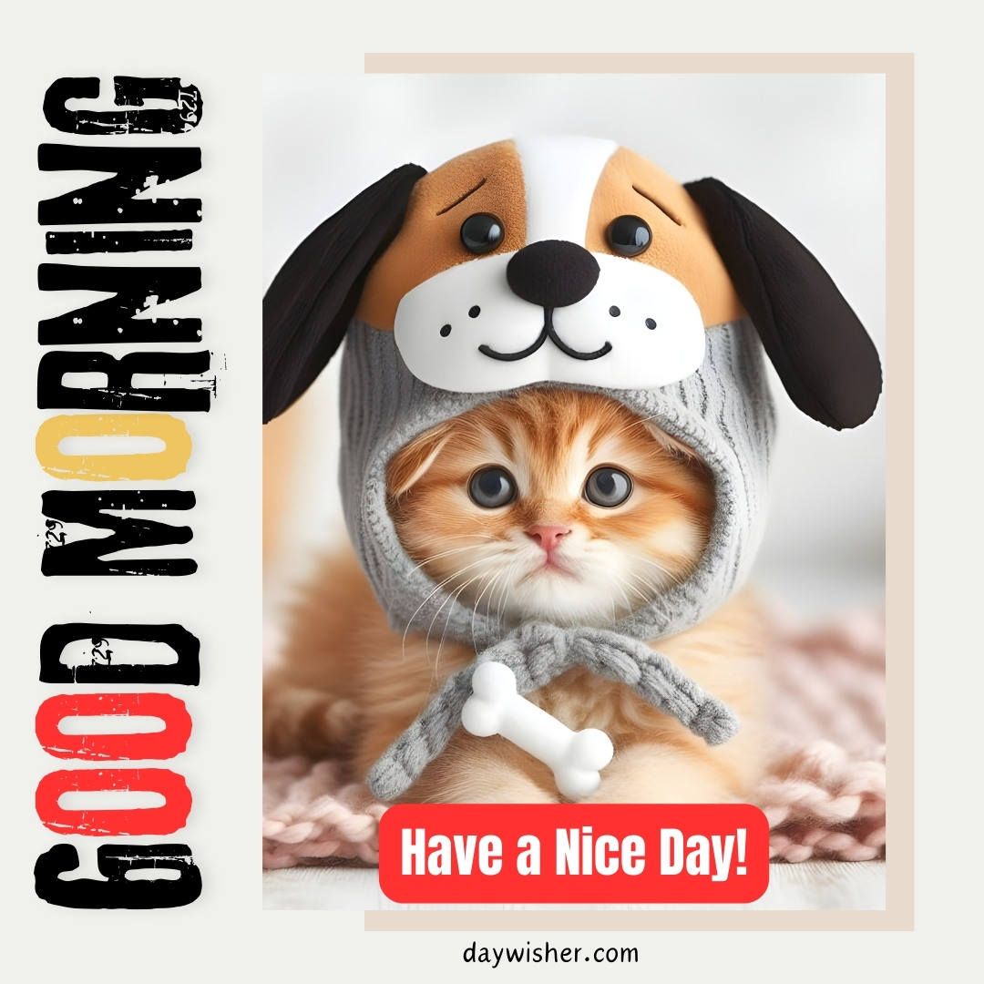 A cute ginger cat dressed in a dog costume with a plush bone on a soft white bed, under text saying "GOOD MORNING" and "Have a Nice Day!