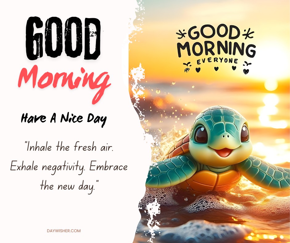 Sunrise over a beach with a graphical overlay saying "GOOD MORNING" and a digital illustration of a smiling turtle. Includes text wishing "Have a Nice Day" and encouraging positivity.