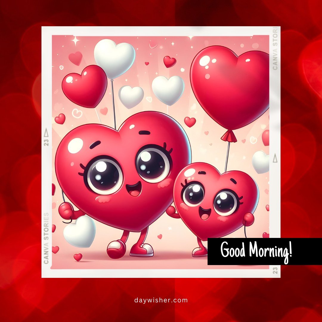 A delightful good morning heart image featuring two cute, smiling heart characters holding heart-shaped balloons. The background is filled with floating red and white hearts, creating a cheerful and loving atmosphere. The text "Good Morning!" is prominently displayed, making this image perfect for spreading joy and love at the start of the day.