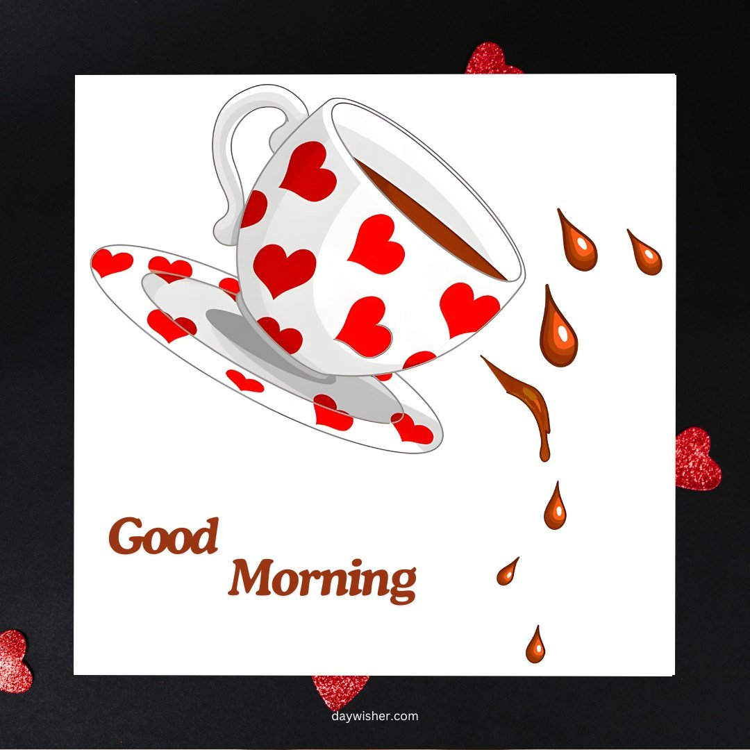 A whimsical good morning heart image featuring a white coffee cup decorated with red hearts, tilted and spilling coffee drops. The text "Good Morning" is displayed at the bottom. This playful and charming image is perfect for sending cheerful and loving morning greetings.