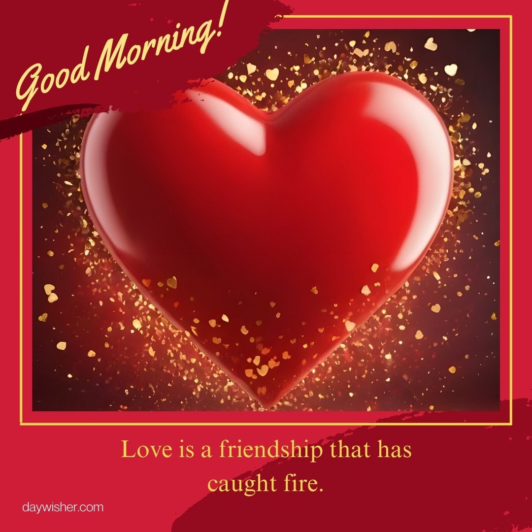 A vibrant good morning heart image featuring a glossy red heart surrounded by golden sparkles. The top of the image has the greeting "Good Morning!" in elegant script, while the bottom includes the quote "Love is a friendship that has caught fire." This visually striking image is perfect for romantic mornings, conveying warmth and affection.