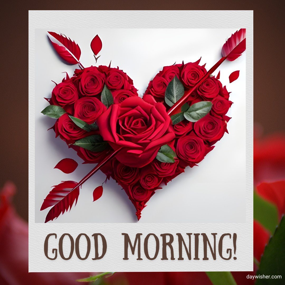 A captivating image of a heart-shaped arrangement of vibrant red roses, creatively positioned within a white frame, with the cheerful greeting "GOOD MORNING!" prominently displayed. This visually striking composition symbolizes love and affection, making it an ideal image for a romantic and inspiring morning message.